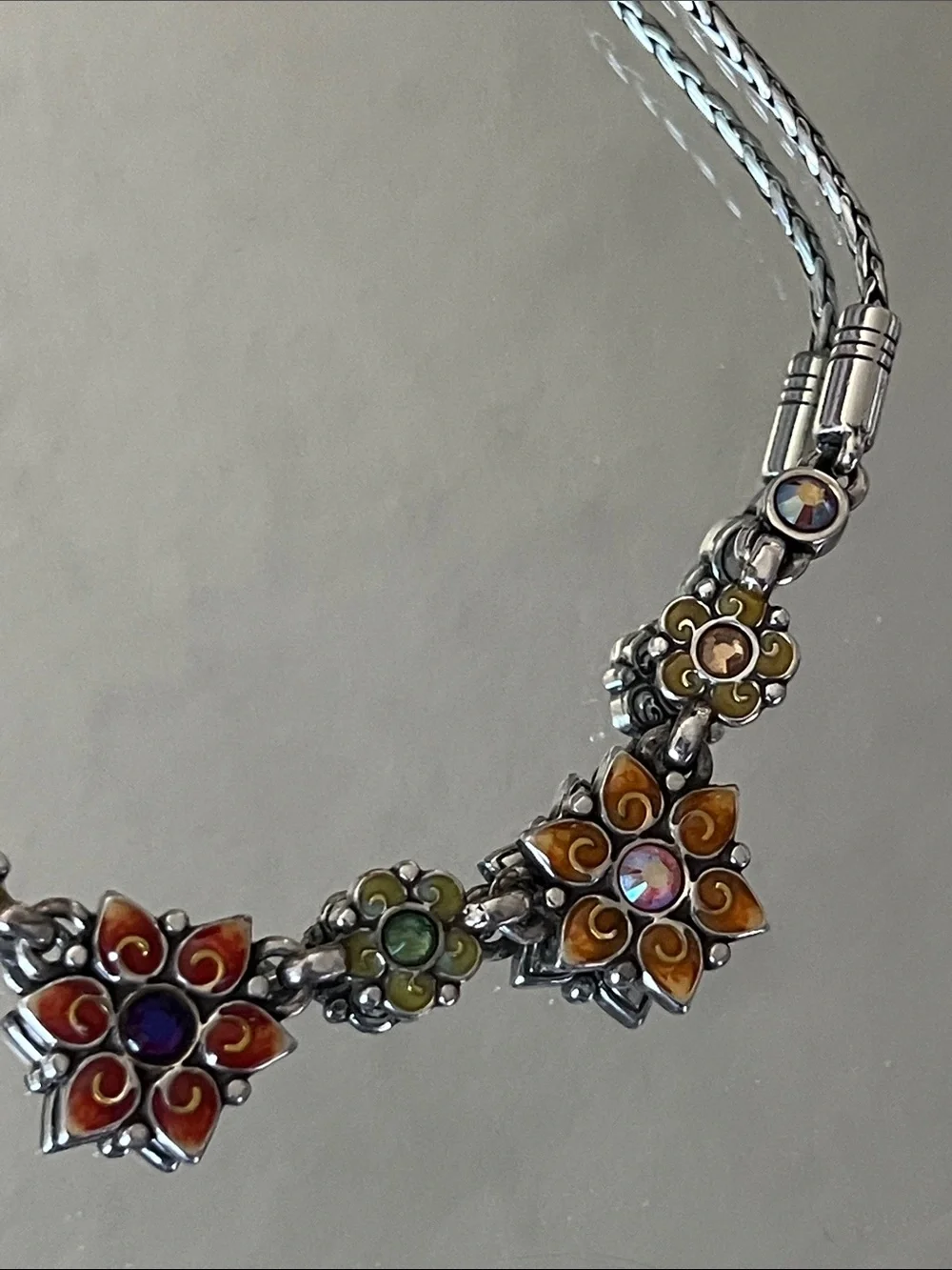 BRIGHTON Garden of Eden Silver Tone Enamel Flower Necklace w/Pouch NWOT